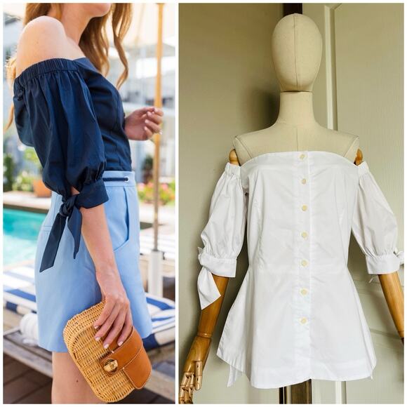 Pearl By Lela Rose Tops - Lela Rose PEARL Women's Elbow-Sleeve Off-The-Shoulder Poplin Top White Sz 6 $295
